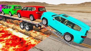 Double Flatbed Trailer Truck vs Speedbumps Train vs Cars  Tractor vs Train BeamngDrive [upl. by Kcinemod]