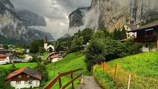 Lauterbrunnen Switzerland  Rainy walk in the most beautiful Swiss village  Fairytale village [upl. by Griseldis]