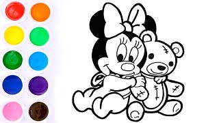 Como Dibujar y Colorear a Minnie Mouse con su Oso  Dibujos Para Niños [upl. by Pammie]