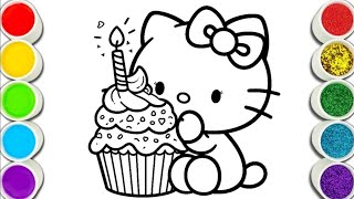 hello kitty with birthday cake muffin drawing and colouring for kids and toddlers ABCD rhymes song [upl. by Haduhey]