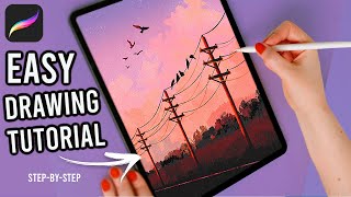 Sunset amp Power Lines  Painterly Style Landscape  PROCREATE Drawing Tutorial [upl. by Anirbes]