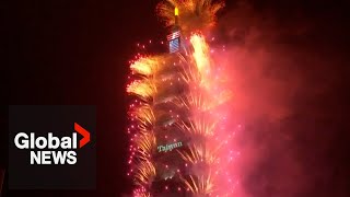 New Years 2024 Taiwans Taipei 101 lit up with dazzling fireworks [upl. by Htebezile]