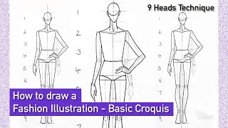 How to draw a Fashion Illustration  Step by step  Basic Croquis in front Pose  9 Heads [upl. by Ahsila125]