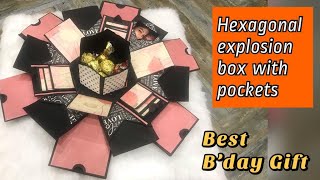 How to make hexagonal explosion box for birthday  Making of explosion box [upl. by Ellebyam]