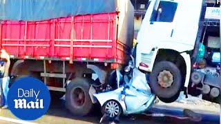 Motorist found ALIVE after being crushed between two trucks [upl. by Rehnberg]