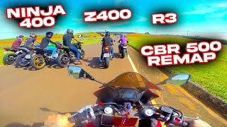 ACELERO NO SUCÃO CBR 500R vs Z400 vs R3 vs NINJA 400 [upl. by Rese146]