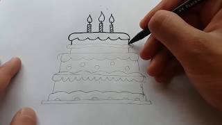 ÇOK KOLAY  3 Katlı Doğum Günü Pastası ÇizimiBirthday Cake Drawing [upl. by Teirtza]