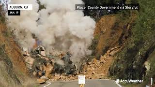 Huge Rocks Blown Up With Dynamite to Clear Road  AccuWeather [upl. by Kalb850]