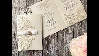 How To Make Your Own Wedding Invitation with laser cut pocket fold DIY invitation with pocket [upl. by Tirma]