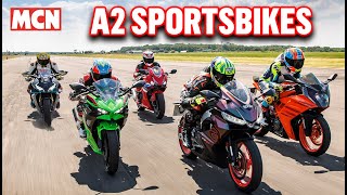 2024 A2 sportsbike Shootout  Ninja500 vs CBR500R vs RS457 vs RC390 vs 450SRS  MCN [upl. by Aihseyt]