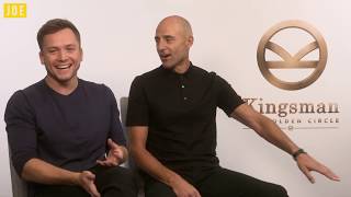 Taron Egerton amp Mark Strong on THAT orange Kingsman jacket [upl. by Anniram]