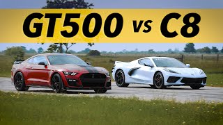 C8 Corvette vs GT500 Mustang  Drag amp Rollon Racing Comparison [upl. by Ynnij494]