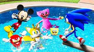 GTA 5 Sonic and Friends Water Ragdolls Falls Mickey Huggy Wuggy Tails Knuckles Sponge Bob [upl. by Larkin456]