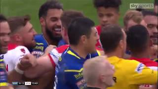 Three yellow cards at once as a high tackle led to a fight in Warringtons game against St Helens [upl. by Tem934]