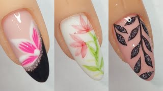 aquarelle nail art design  easy floral nail art with french art  reflective leaves nail art [upl. by Fang]