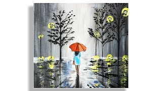 A walk in the rain step by step acrylic painting  Easy for Beginners Daily Art 25 [upl. by Samau]