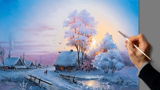 👍 Acrylic Landscape Painting  Winter Sunset  Easy Art  Drawing Lessons  Satisfying Relaxing [upl. by Atiuqet346]