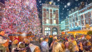 Snow in London’s Covent Garden ❄️ London Christmas Lights Tour 2023 ✨ London Winter Walk 🎄 4K HDR [upl. by Hahnert]