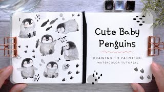 Cute Baby Penguins Drawing to Painting Watercolor Tutorial [upl. by Ysset650]