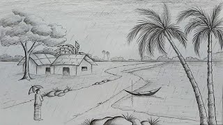 How to draw scenery of rainy season by pencil sketch step by step [upl. by Olraced]