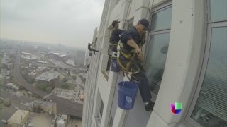 Mexicanos con nervios de acero limpian ventanas a 40 pisos de altura  Noticiero Univisión [upl. by Ahsikrats]