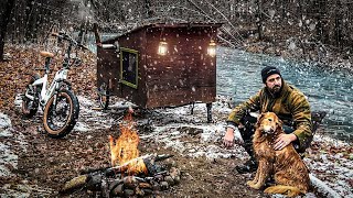 SNOWY NIGHT IN A BIKE CAMPER by a River [upl. by Llertnahs]