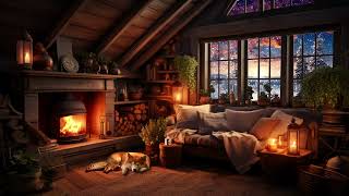 Cozy Winterhut with Snowstorm Crackling Fire sleeping Dog amp Cat  Winterambience for Sleep amp Relax [upl. by Neltiak]