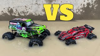 Axial SMT10 Grave Digger vs Traxxas Rustler 4x4  Remote Control Car  RC Cars [upl. by Rasaec]