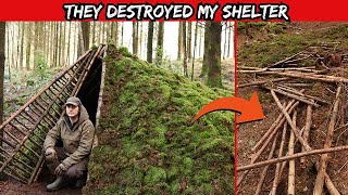 SOMEONE DESTROYED MY PRIMITIVE MOSS ROOF BUSHCRAFT SHELTER  Stealth Camp Built With Hand Tools [upl. by Rehpotirhc]