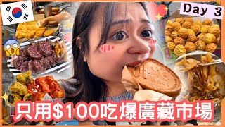 挑戰 🔥100元吃爆廣藏市場7款人氣小食🤤｜😱香港人血腸初體驗丨邪惡拉絲金幣餅🧀｜😱豬耳朵丨 超脆炸綠豆餅丨辣炒年糕丨炸粉絲卷 丨忌廉合桃小蛋糕🧁母女瘋遊首爾🤪 Ep3 [upl. by Sweatt444]