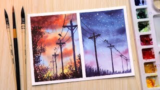 Watercolor painting for beginners sunset and evening landscape easy [upl. by Nary]