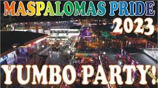 4K Party At YUMBO Playa del Ingles Maspalomas Pride Parade 2023 Gran Canaria Uncovered with Drone [upl. by Leveroni]