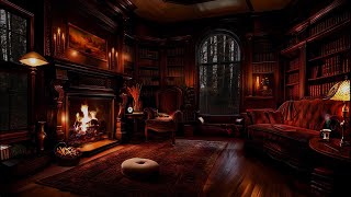 RAINY DAY IN A COZY STUDYCRACKLING FIREPLACESOFT RAIN THUNDERFLOATING CANDELABRAGHOSTLY PIANO [upl. by Lucine]