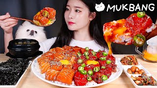 밥도둑 흰쌀밥에 간장연어장 amp 매운양념연어장🌶 파김치 🇰🇷우동 먹방  SPICY MARINATED SALMON amp SOY SAUCE MARINATED SALMON MUKBANG [upl. by Oyr]