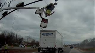 Worker Sent Flying as SemiTruck Hits Elevated Platform Over Texas Freeway [upl. by Faires]