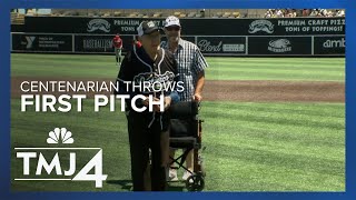 100yearold throws out first pitch [upl. by Fosdick]