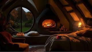 Sleep in a Cozy Hobbit Bedroom With Fireplace and Autumn Wind Sounds  and steaming coffee [upl. by Nohsav]