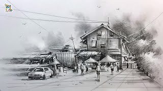 How to draw Old Market Street with Pencil [upl. by Skcirdnek]