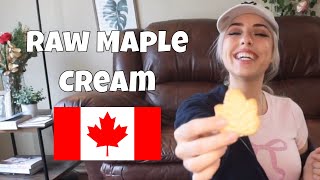 International Tastetest Eating raw maple cream cookies from Canada  World Snack Tour [upl. by Steffie]