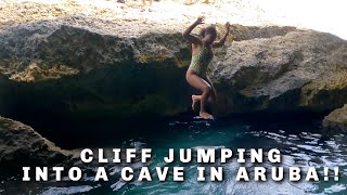 CLIFF JUMPING INTO A CAVE IN ARUBA [upl. by Rosabelle]