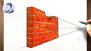 Comment dessiner un mur de brique cassé en perspective facile [upl. by Anerul]