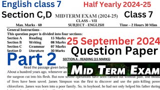 class 7 english mid term question paper 202425  half Yearly 2024 class 7 english  cbse [upl. by Fregger708]