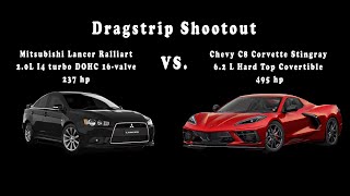 Mitsubishi Lancer Ralliart vs C8 Corvette Stingray HTC in a 14 mile drag race shootout [upl. by Dix407]