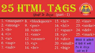 HTML 25 Tags with Example In One Video hindi Me  Notes In Hindi [upl. by Anuahs438]