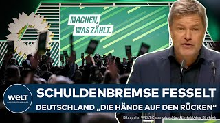 PARTEITAG DER GRÜNEN  Ruckrede mit Attacke auf Merz  Habeck fordert quotUpdate der Schuldenbremsequot [upl. by Michal81]