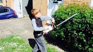 😱KIDS USING POWER TOOLS PART 3  CORDLESS HEDGE TRIMMER🌳 [upl. by Aneeg276]