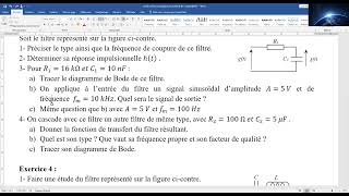 Exercice Corrigé N°3 Filtres Analogique traitement du Signal [upl. by Sparke]