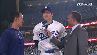 Shohei Ohtani on Decoy Dekopin ceremonial first pitch Dodgers Postgame interview 82824 [upl. by Irneh]