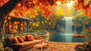 Cozy Autumn Day at Lakeside Cafe Porch Ambience🍁Warm Jazz Instrumental Music for Work Focus [upl. by Haroved573]