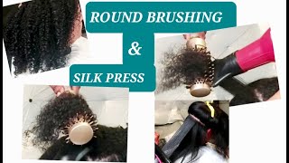 ROUND BRUSHING ON CURLY HAIR AND SILK PRESS saunisexhairtv shellyarellahairtv [upl. by Ingeberg]